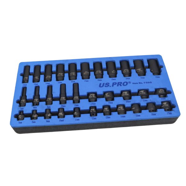 US PRO 7595 32 Piece 3/8" Drive Deep & Shallow Impact Socket Set 7-22mm
