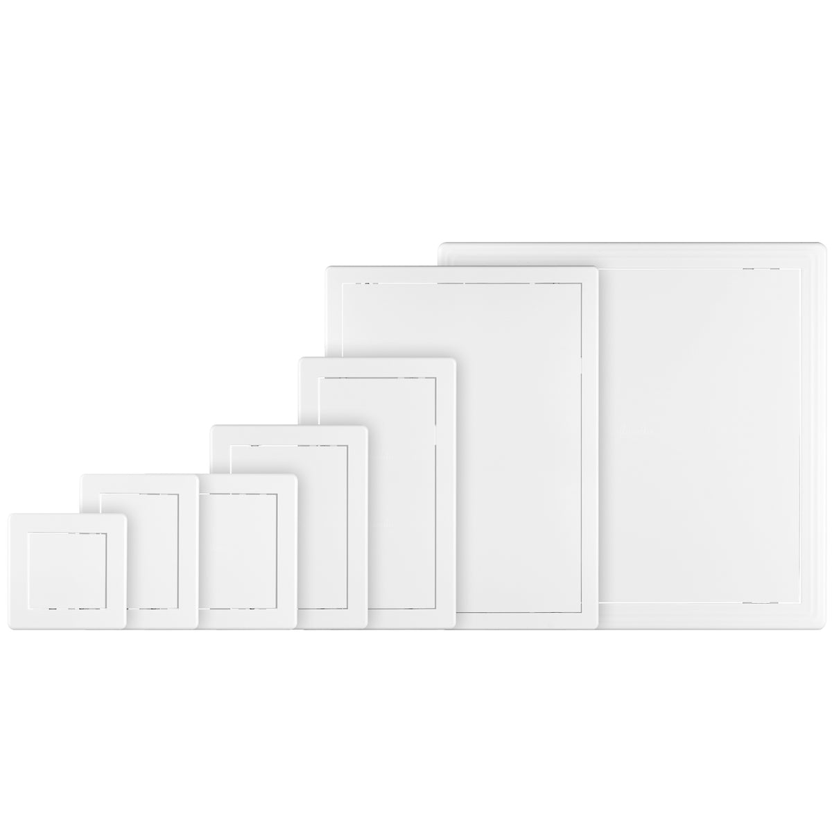 Seven Awenta white ABS plastic access panels in varying sizes
