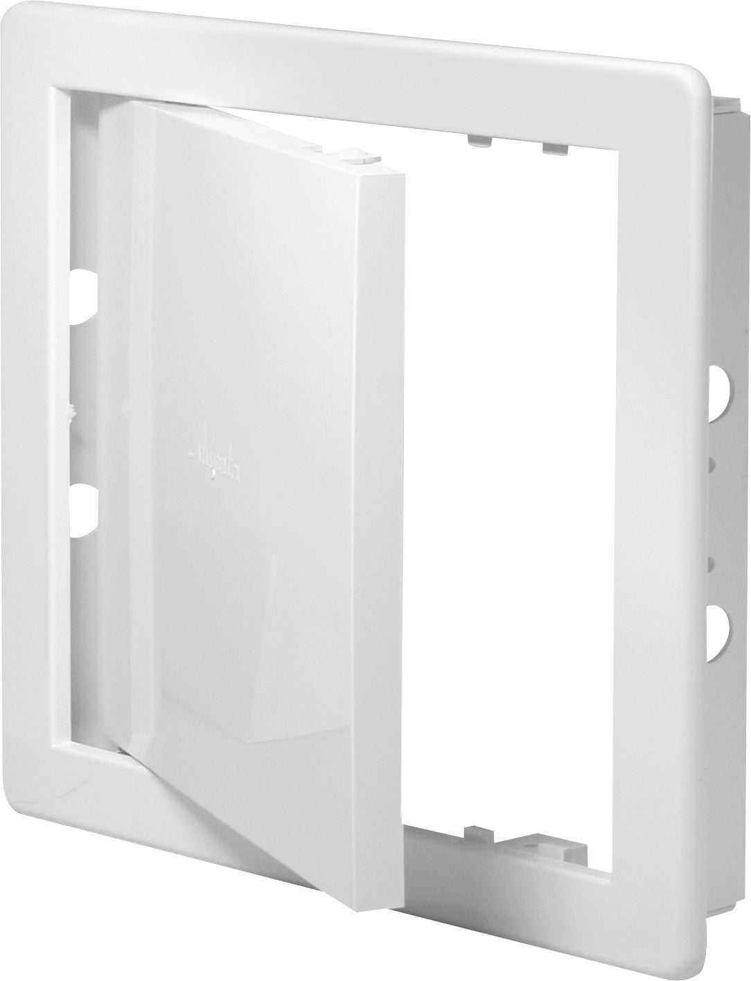 Awenta white ABS plastic access panel, open showing removable door and frame.