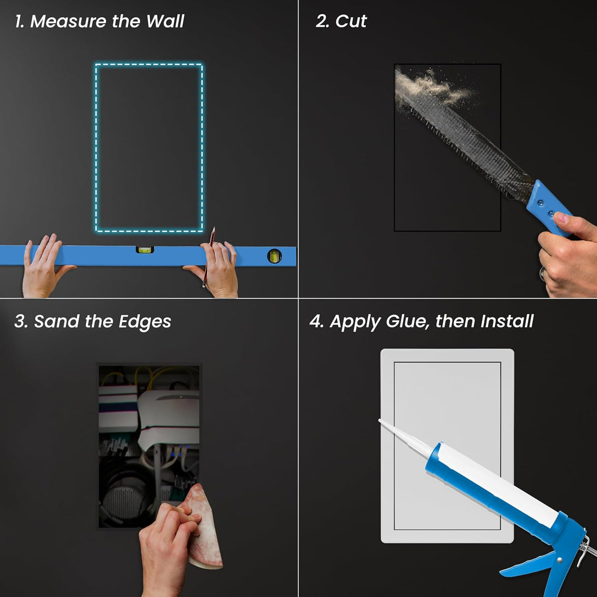 Awenta access panel installation steps: measuring, cutting, sanding edges, and gluing into place.
