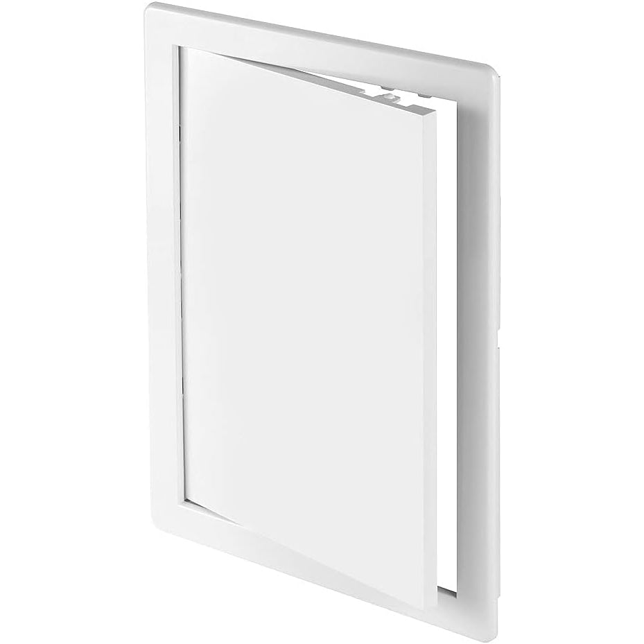 Awenta white plastic access panel with door open showing hinge mechanism.