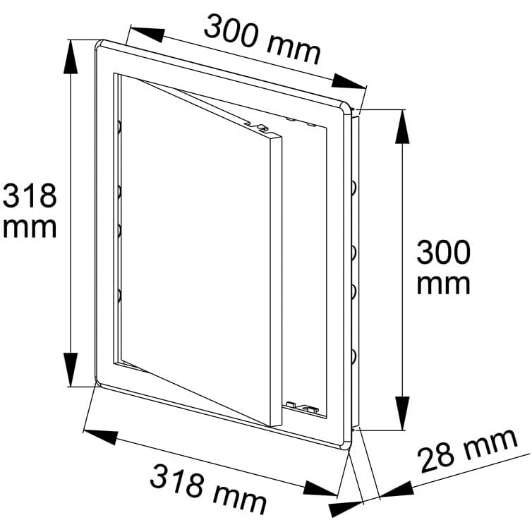Awenta access panel dimension diagram showing outer frame and opening size in millimetres.