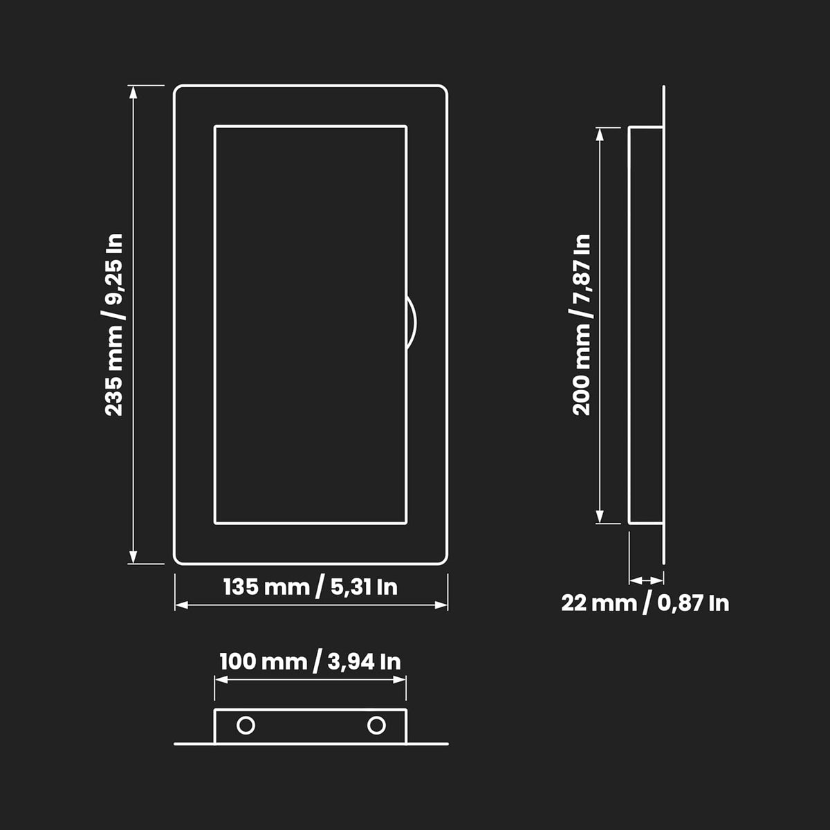 Awenta access panel dimension diagram showing outer frame and opening size in millimetres and inches.