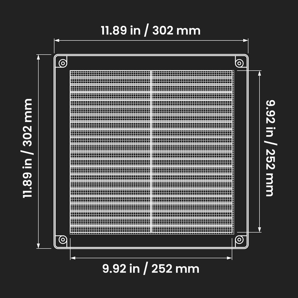 Awenta air vent grille dimension diagram showing outer frame and opening size in millimetres and inches.