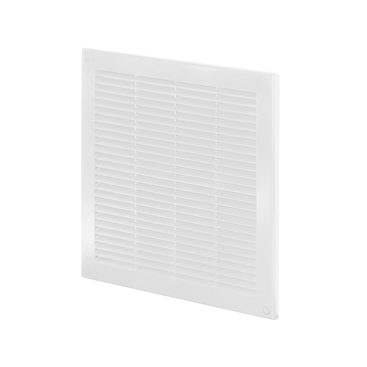 Awenta white plastic air vent grille, angled view showing louvred slats.