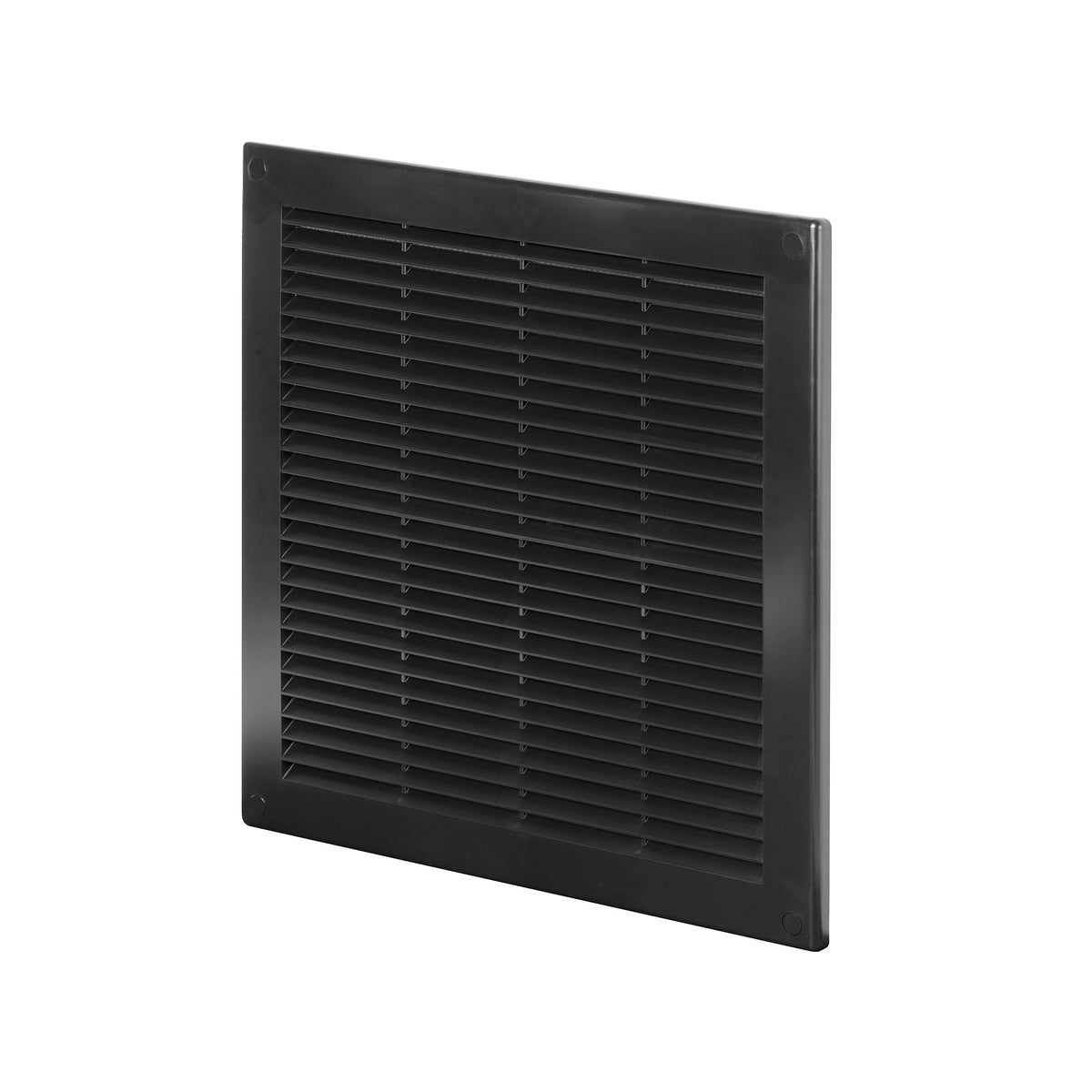 Awenta black plastic air vent grille, angled view showing louvred slats.