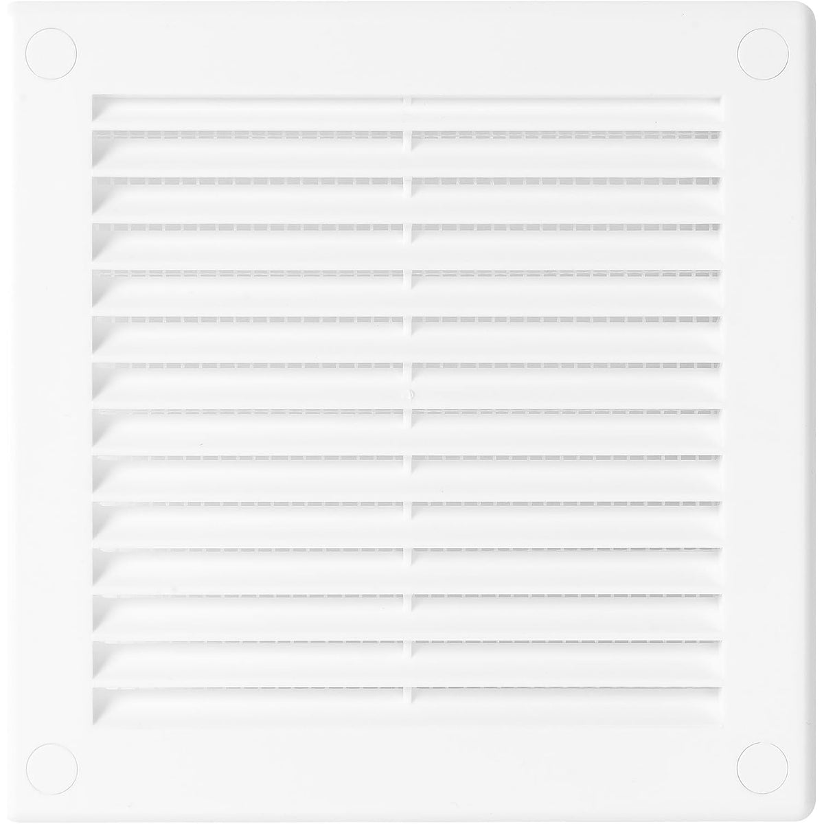 Awenta white plastic air vent grille cover, front view showing internal insect mesh, 150 x 150mm.