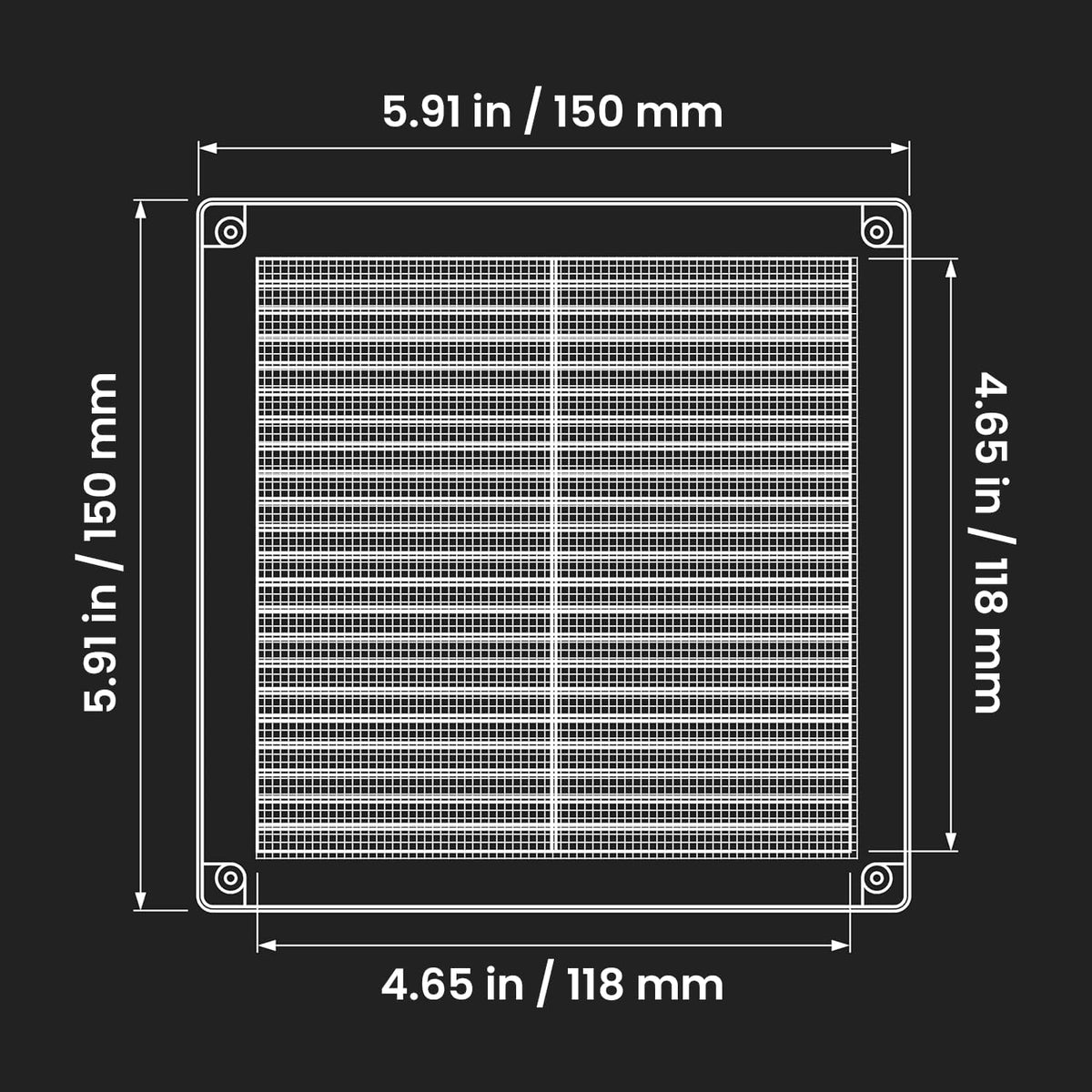 Awenta plastic air vent grille technical dimension diagram showing outer and internal opening measurements.