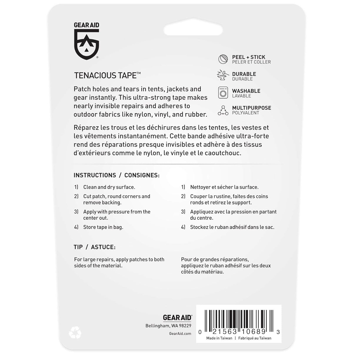 Gear Aid Tenacious Tape retail packaging, back panel showing application instructions and features.