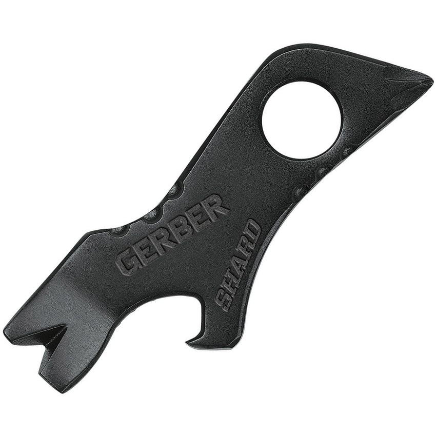 Gerber Shard 7-in-1 stainless steel keychain multitool, angled view showing branding.