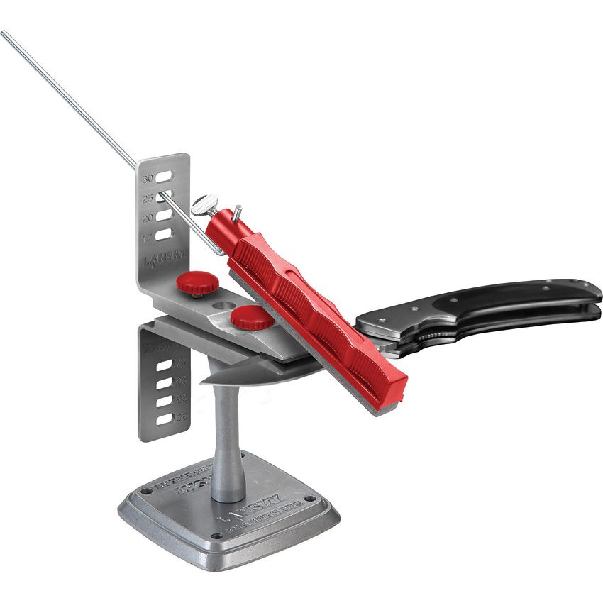 Lansky Universal Mount with Multi-Angle Clamp holding a knife for sharpening.