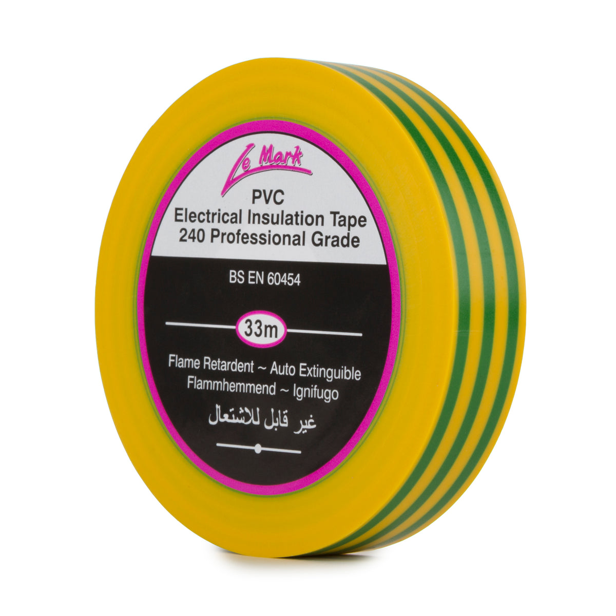 Le Mark earth yellow and green PVC professional grade electrical insulation tape, 19mm x 33m roll.