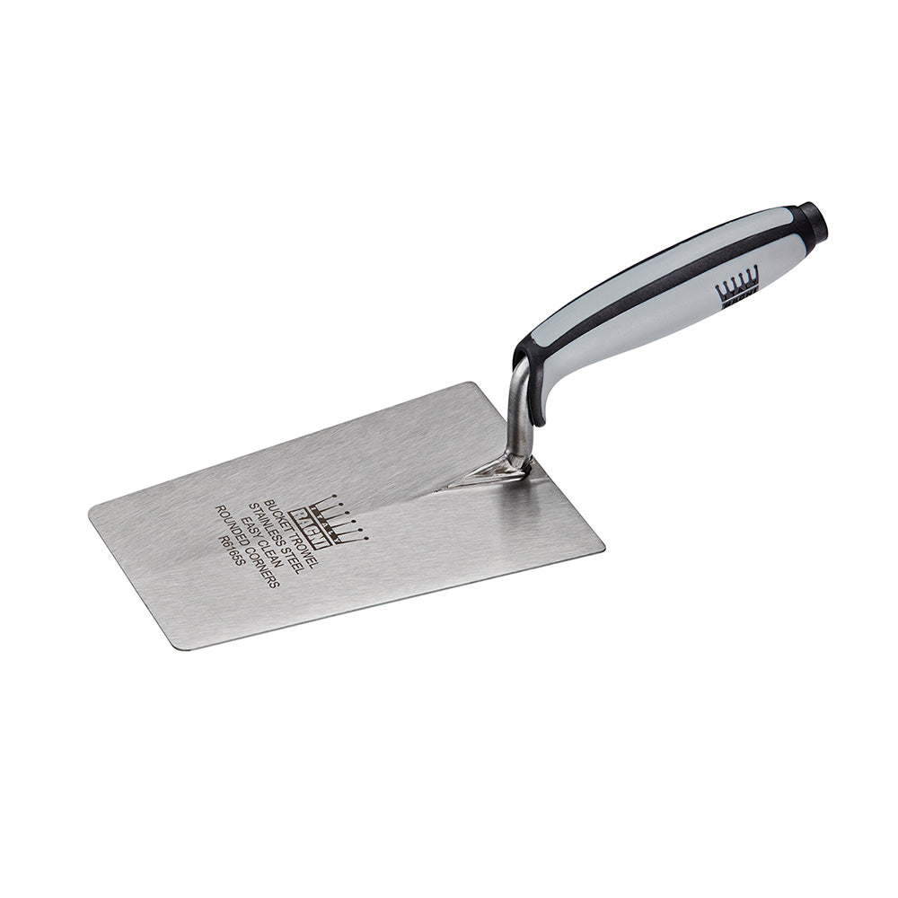 Ragni stainless steel bucket trowel with rounded corners and soft grip handle, 6.5in blade.