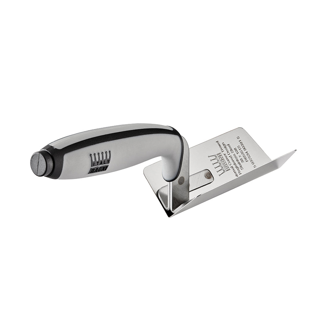 Ragni stainless steel internal corner trowel, angled view showing blade engraving and handle.