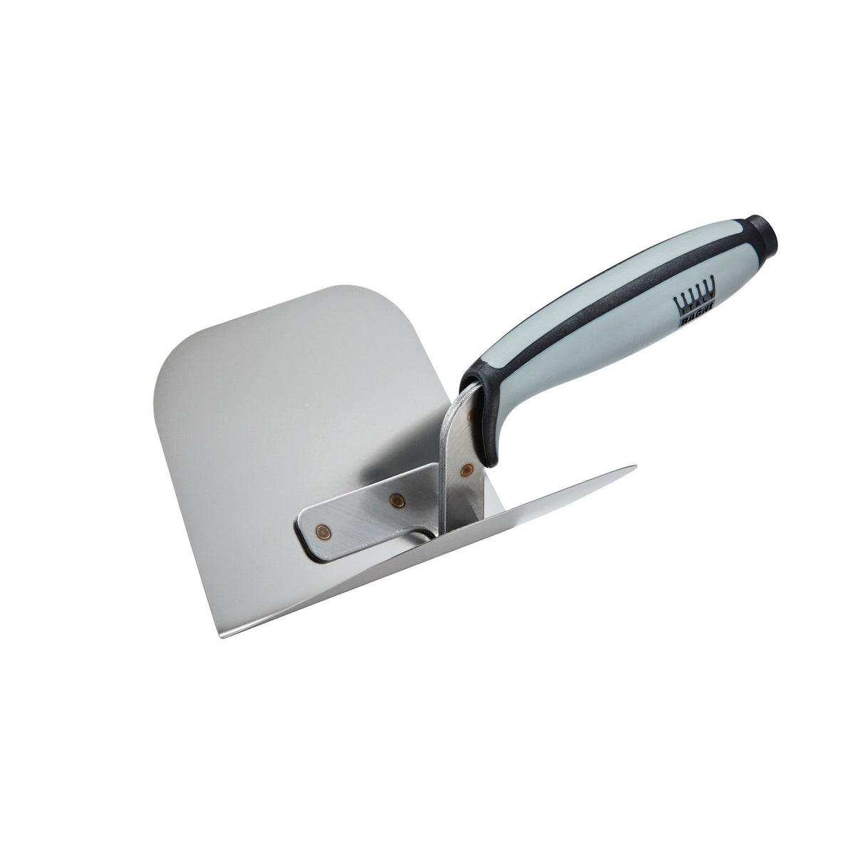 Ragni stainless steel internal corner trowel, reverse angle showing blade point and handle branding.