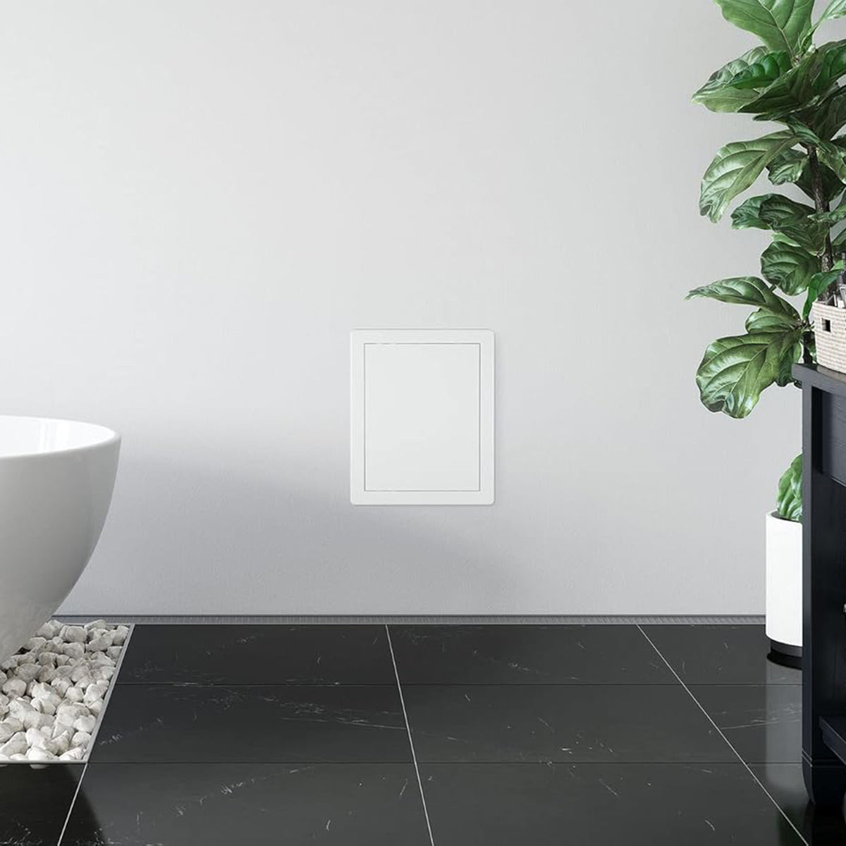 Awenta white ABS plastic access panel installed on a bathroom wall.