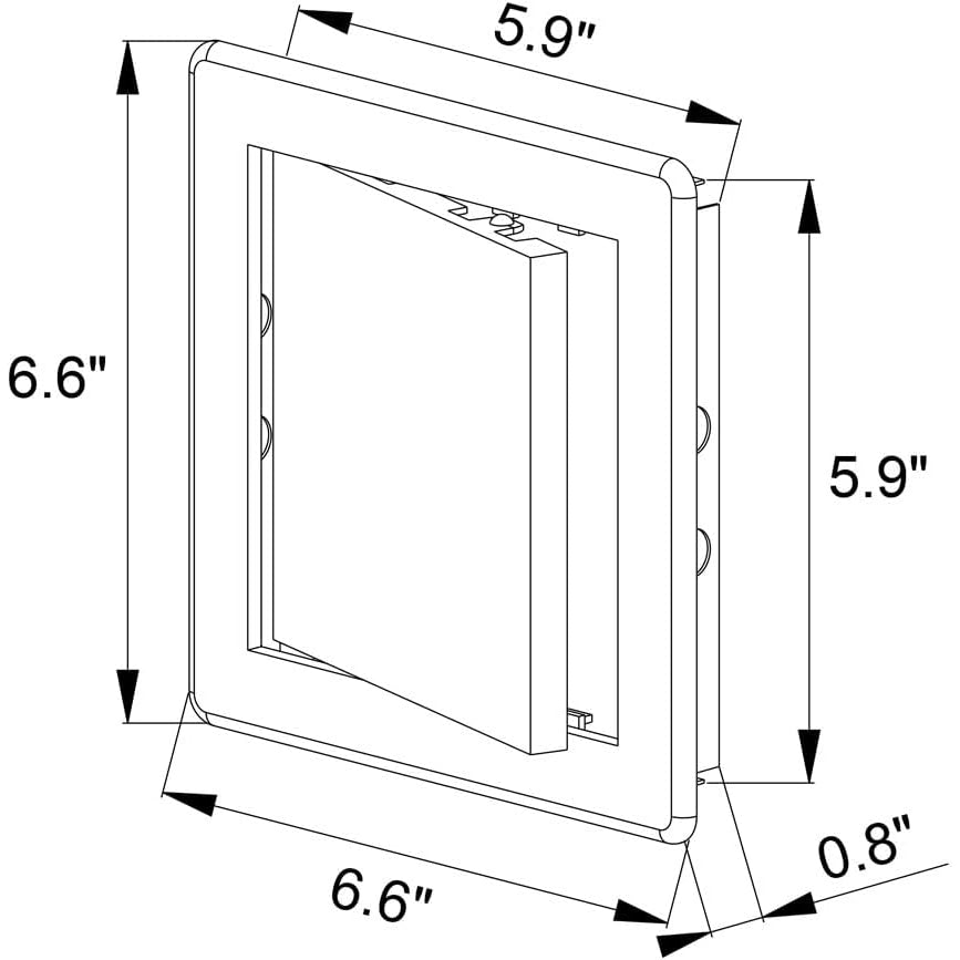 Awenta access panel dimension diagram showing outer frame and opening size in inches.