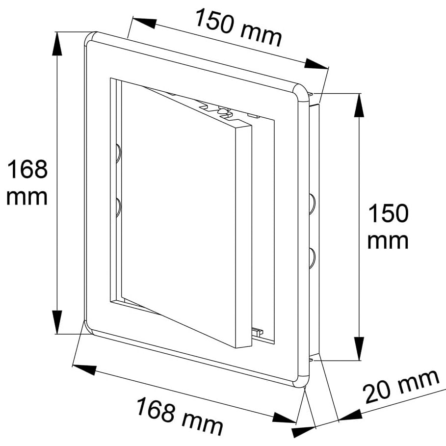 Awenta access panel dimension diagram showing outer frame and opening size in millimetres.