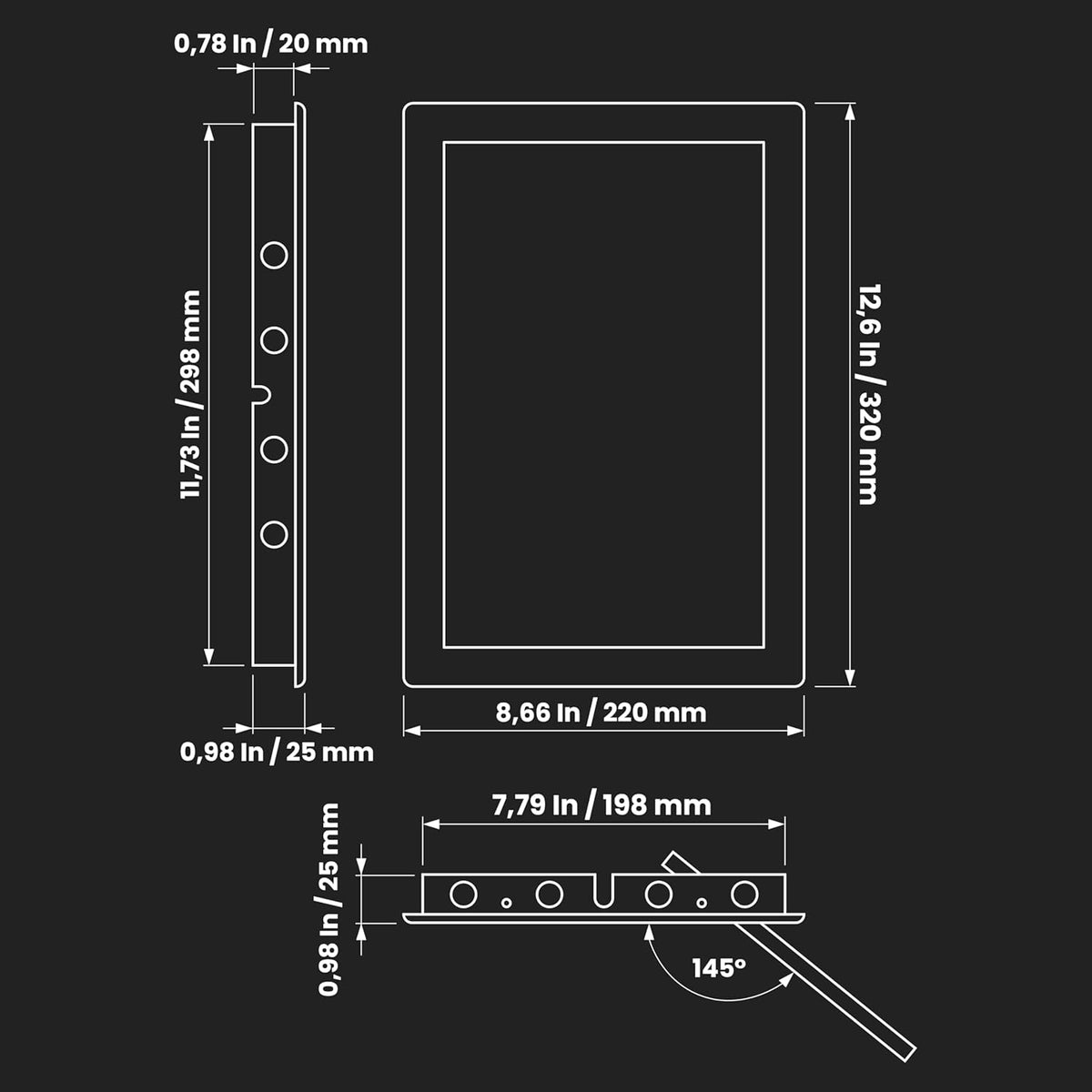 Awenta access panel dimension diagram showing size and opening angle.
