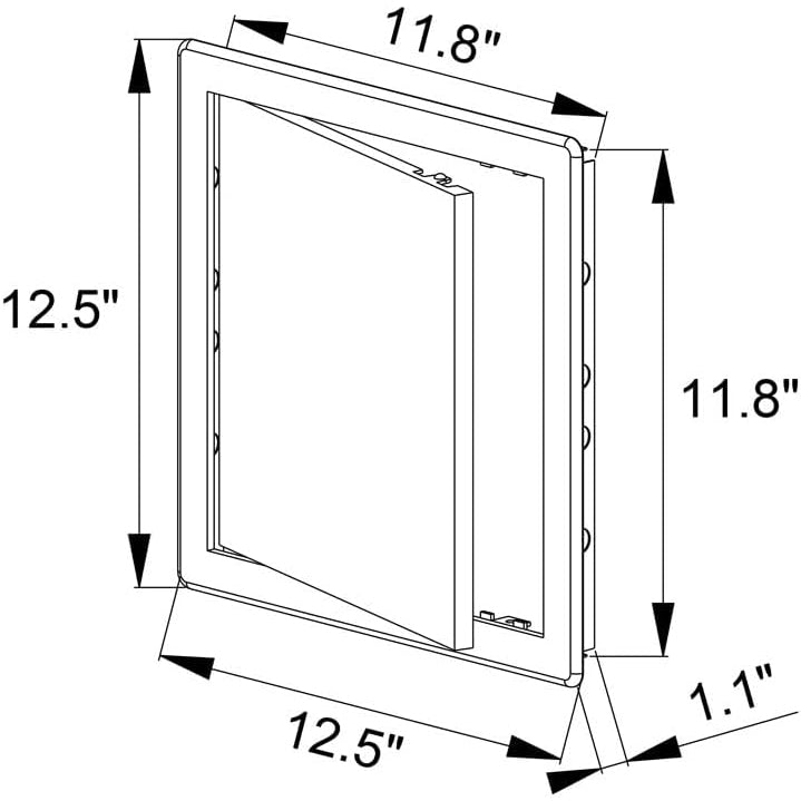 Awenta access panel dimension diagram showing outer frame and opening size in inches.