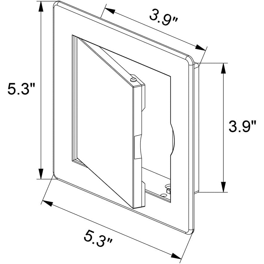 Awenta access panel dimension diagram showing outer frame and opening size in inches.
