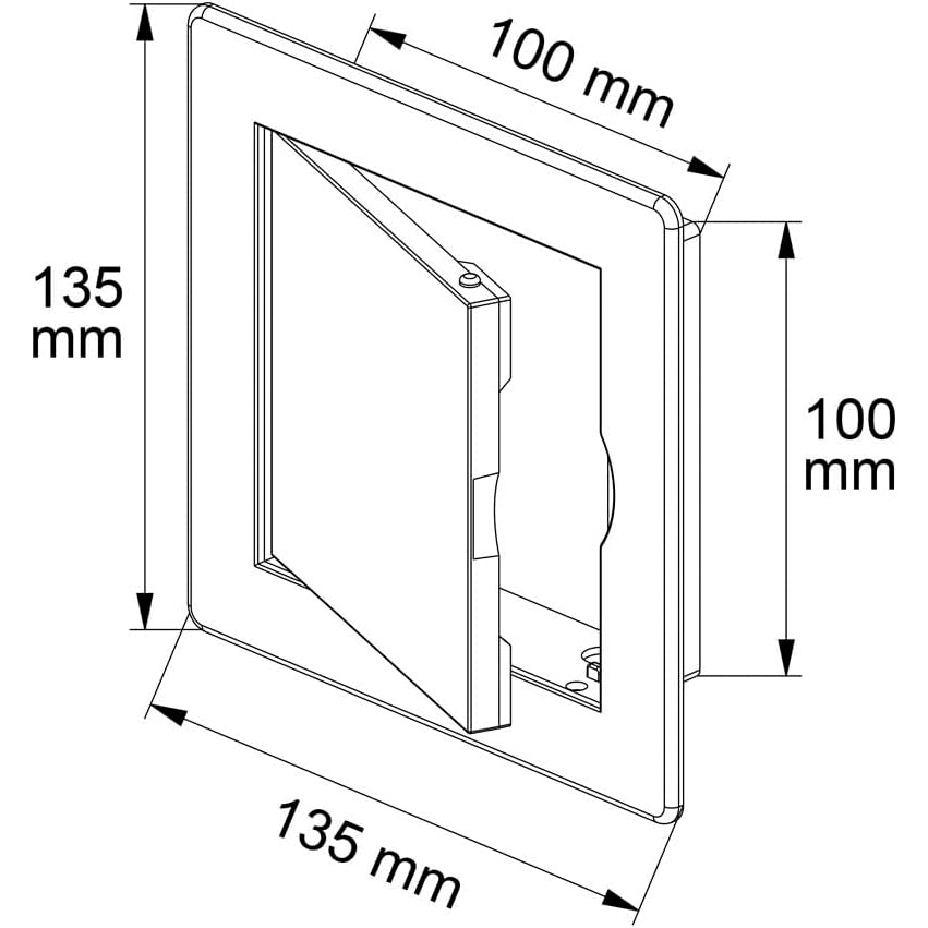 Awenta access panel dimension diagram showing outer frame and opening size in millimetres.