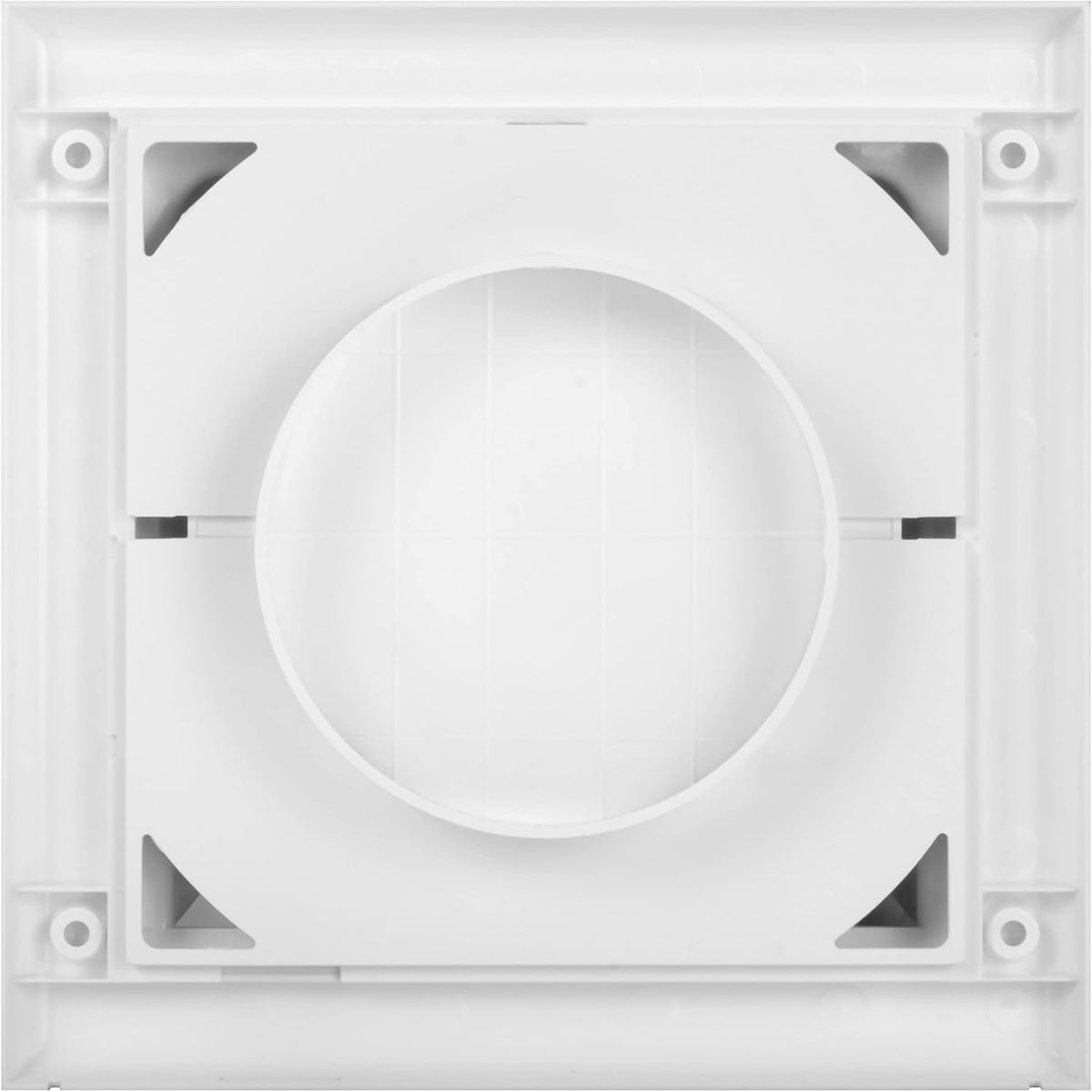 Awenta white ABS plastic exhaust vent cover, rear view showing duct connection and screw holes.