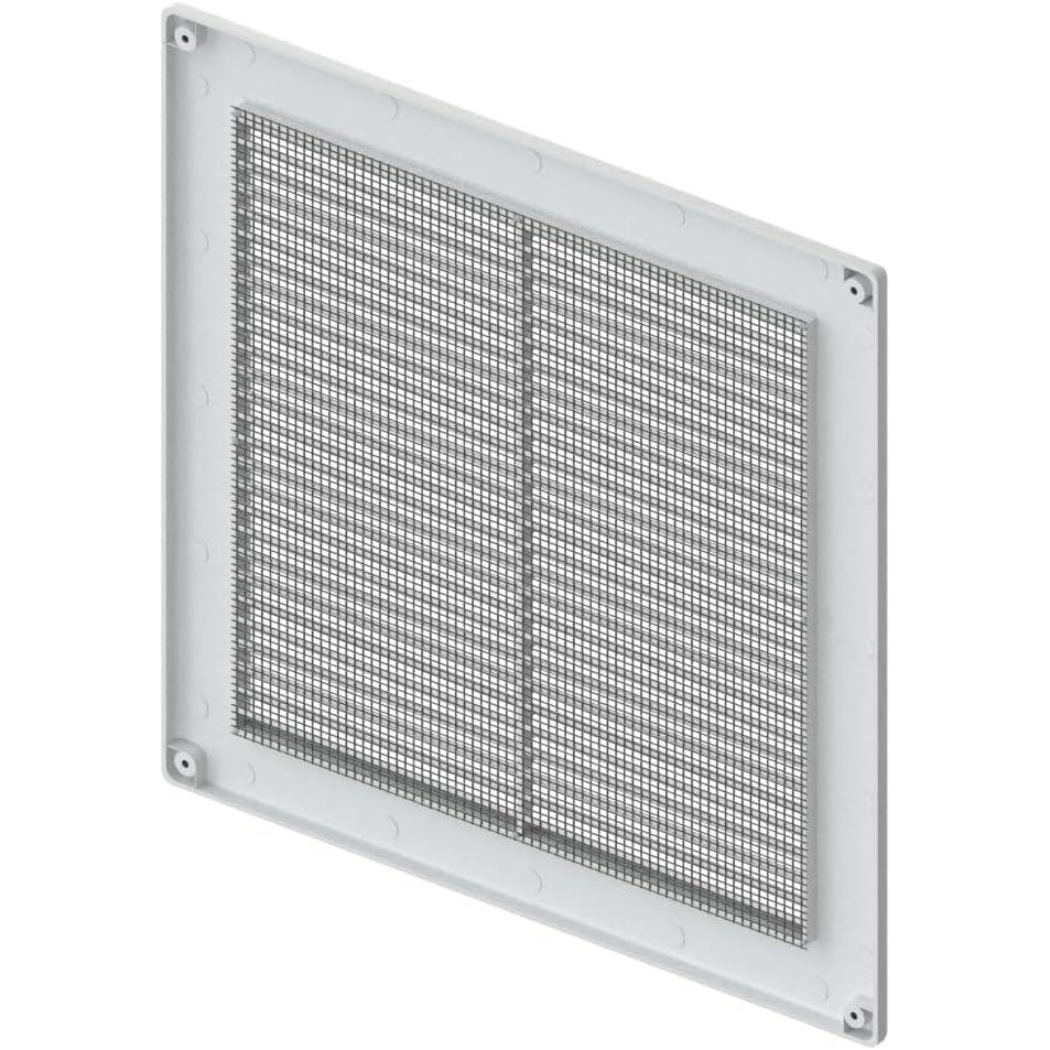 Awenta white plastic air vent grille, angled reverse view showing insect mesh.