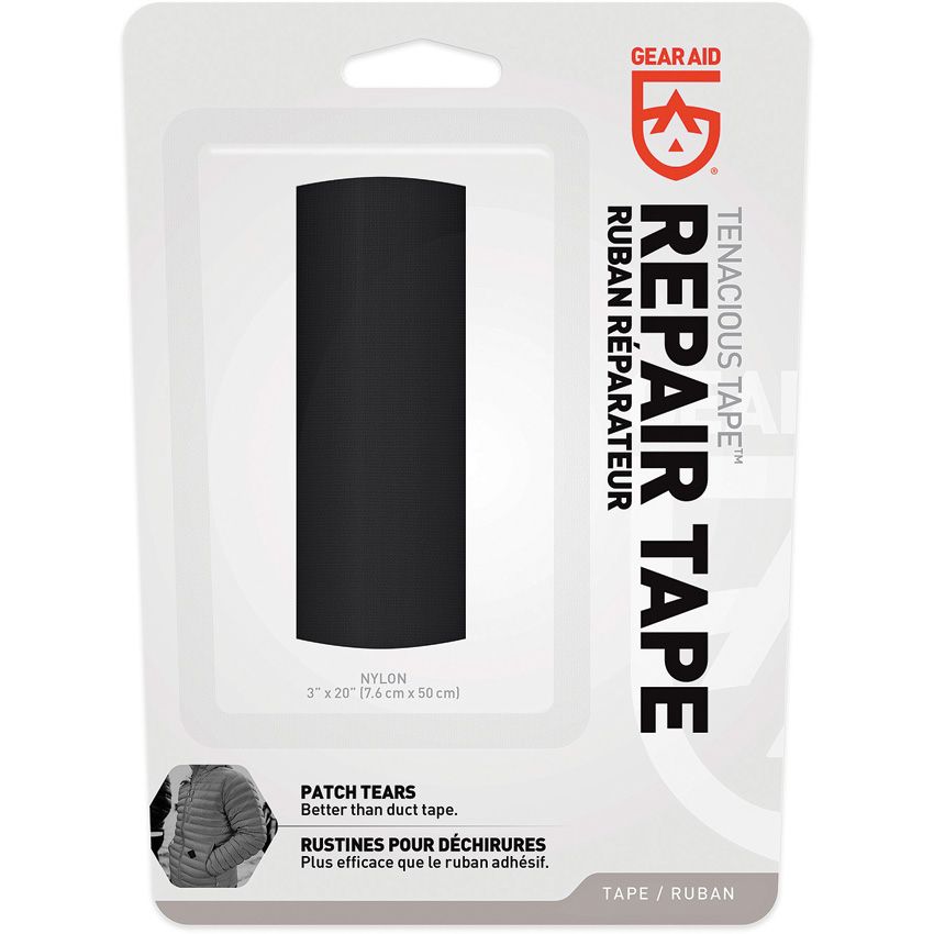 Gear Aid Tenacious Tape black nylon repair tape, 3in x 20in, in retail packaging.