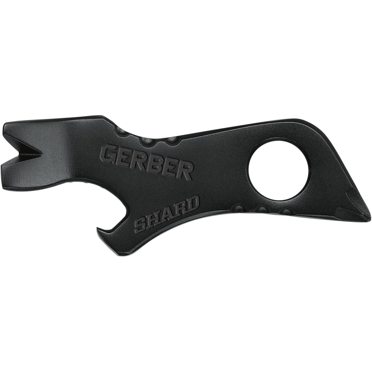 Gerber Shard 7-in-1 stainless steel keychain multitool with pry bar and bottle opener, black.