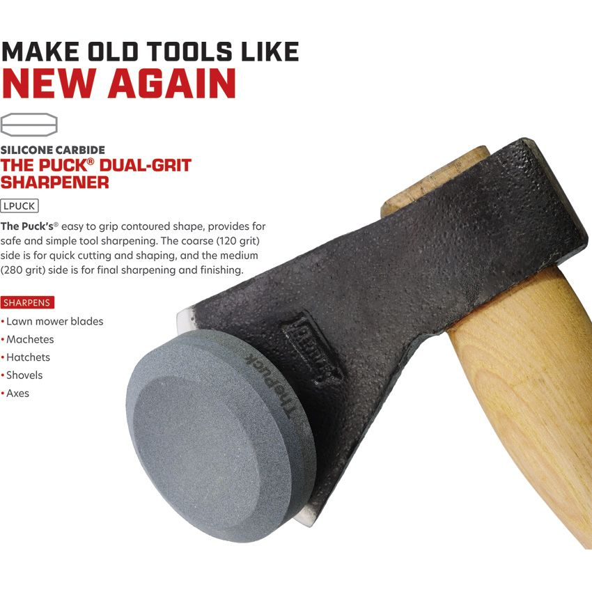 Lansky The Puck dual grit sharpener marketing graphic listing tools it sharpens.