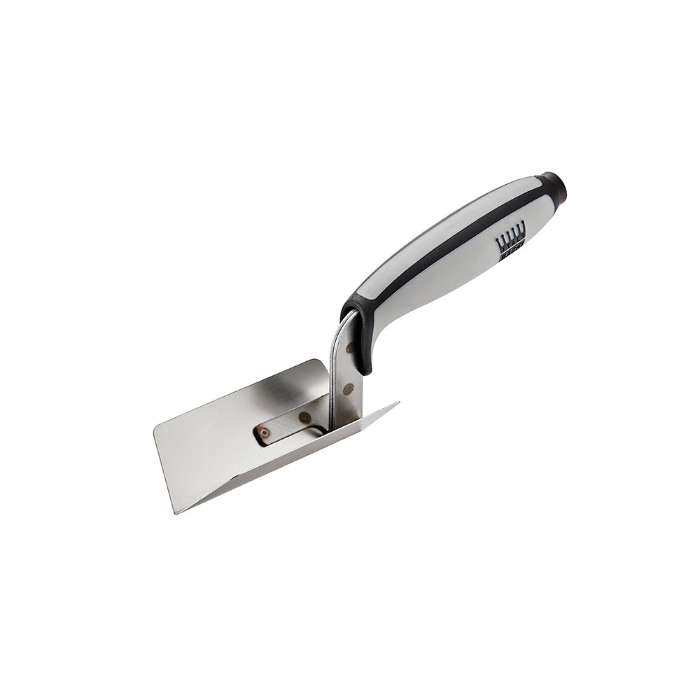 Ragni stainless steel internal corner trowel with soft grip handle, 38 x 108mm.