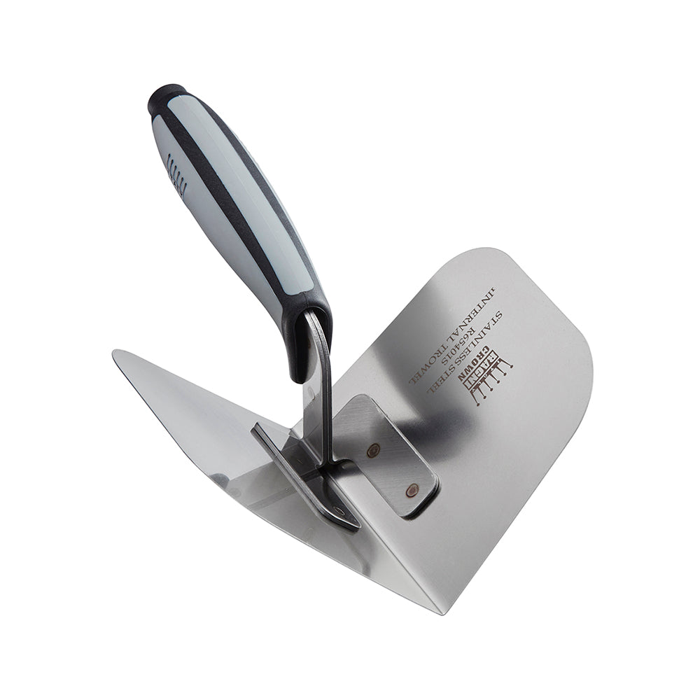 Ragni stainless steel internal corner trowel, angled view showing inner blade face and engraving.