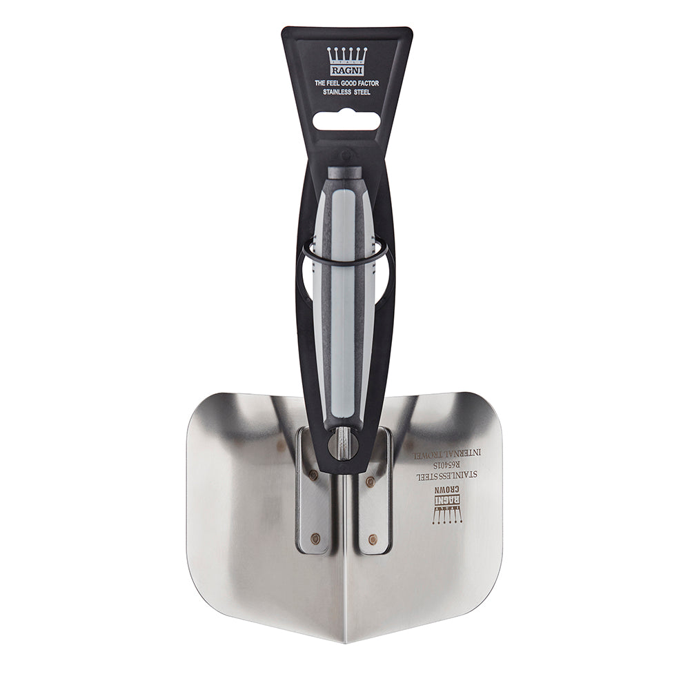 Ragni stainless steel internal corner trowel, top-down view showing blade engraving.