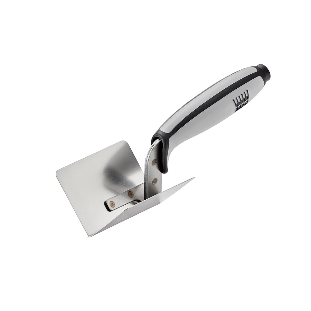 Ragni stainless steel internal corner trowel with soft grip handle, 60 x 80mm.